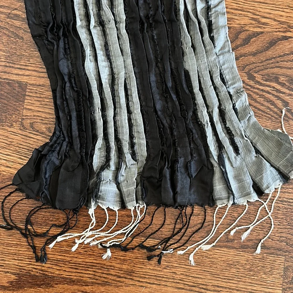 Sevya handmade crinkled silk rectangular oblong scarf with fringe black silver